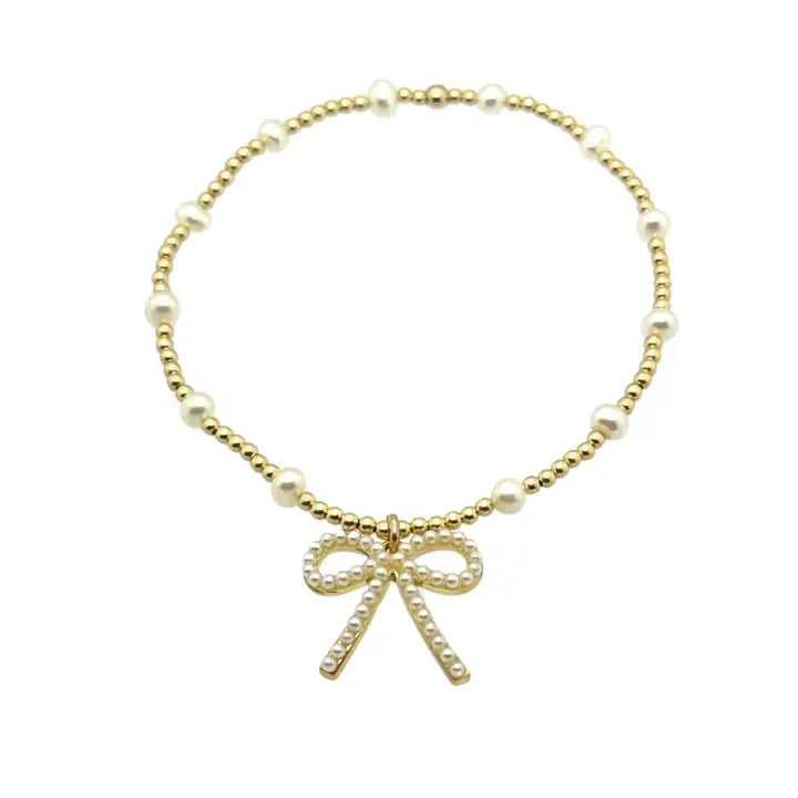 BB "BARA + FWP BOW" CHARM GOLD FILLED & PEARL BEADED BRACELET