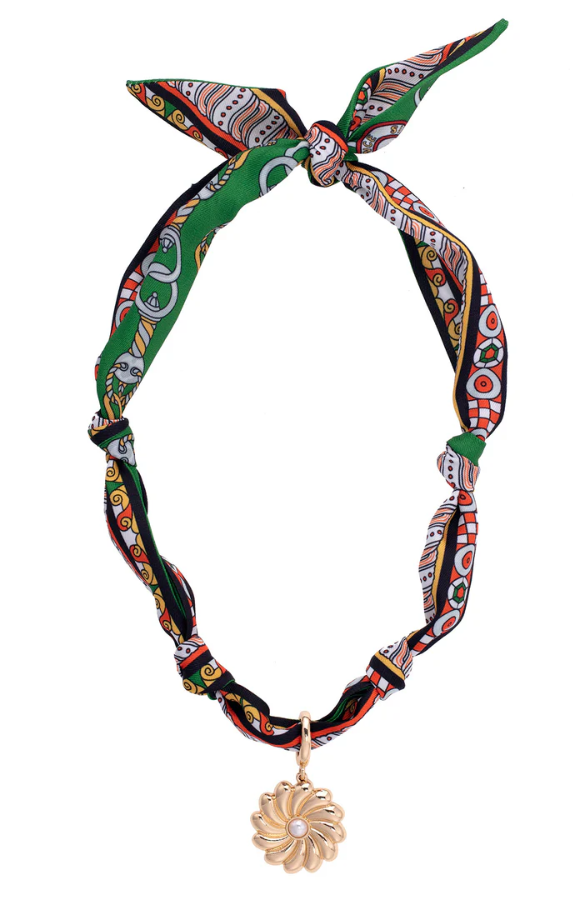 CANVAS Gertrude Pearl Flower Scarf Necklace in Green/Black/Orange