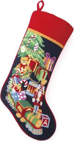PH toy train needlepoint stocking