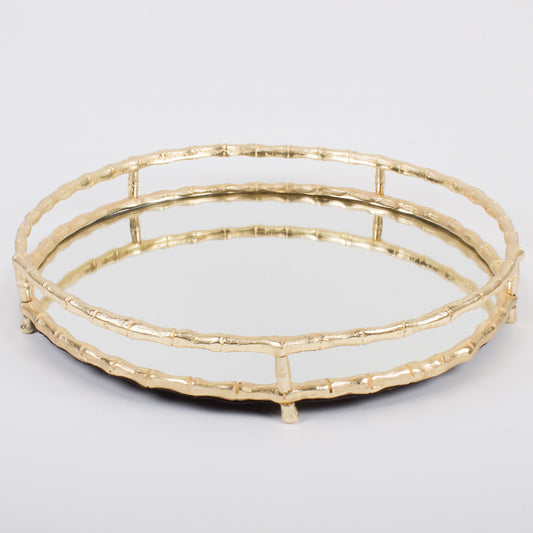 8 Oak Round Mirrored Tray - Gold Bamboo